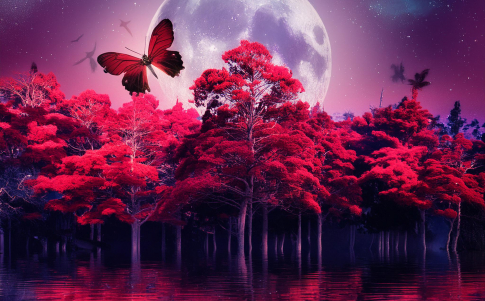 Firefly bosque triposo con árboles rojos, luna llena, cielo púrpura oscuro, estrellas y lago que ref