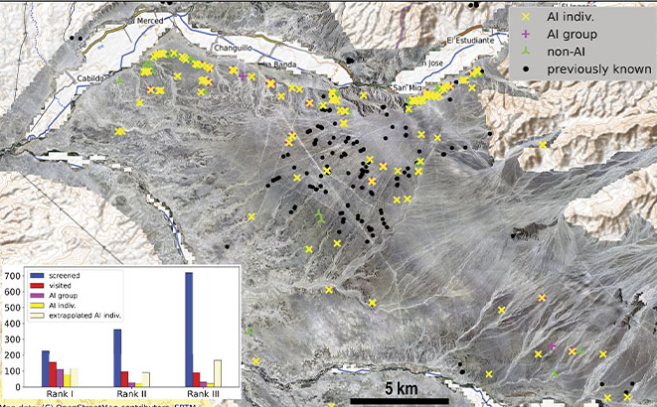 Distribución de los geoglifos, en negro los conocidos, en amarillo los detectados por la IA
