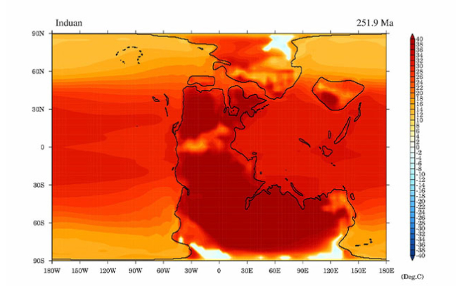 Temperatura durante el pico de calor de la extinción del Pérmico Triásico