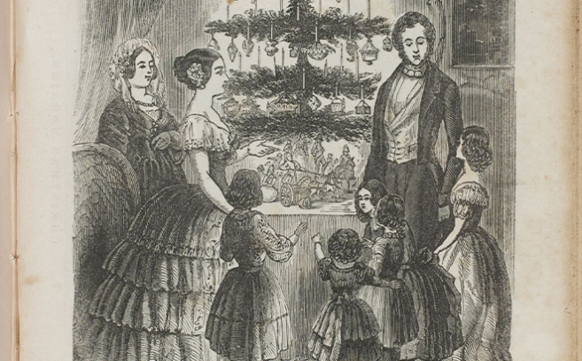 Escena navideña americana que apareció en el Godey's Lady's Book 1850